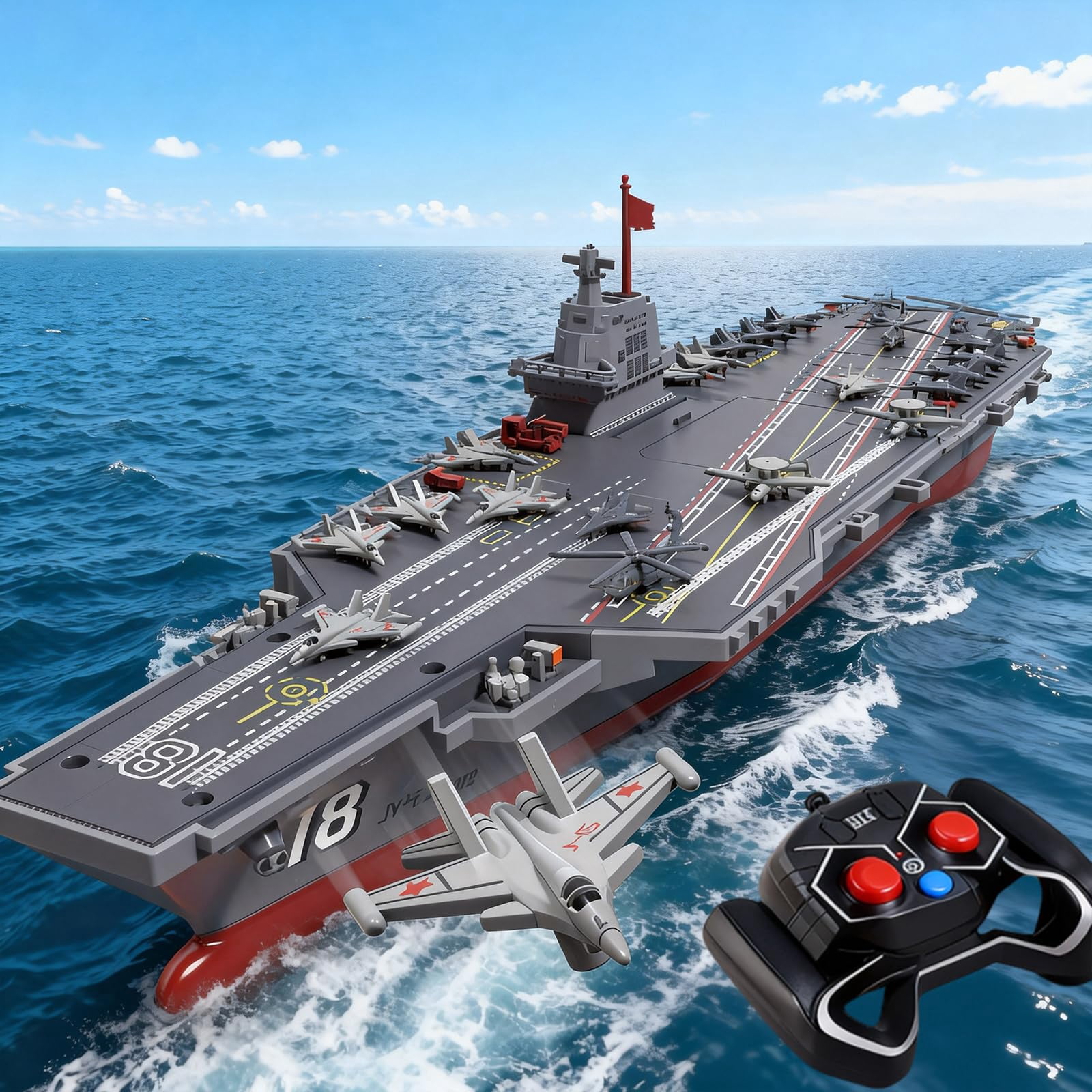 TBSCWYF 16-Inch RC Aircraft Carrier Boat, 2 Rechargeable Batteries, 15 MPH, 2.4GHz Remote, Water-Activated Dual Motor