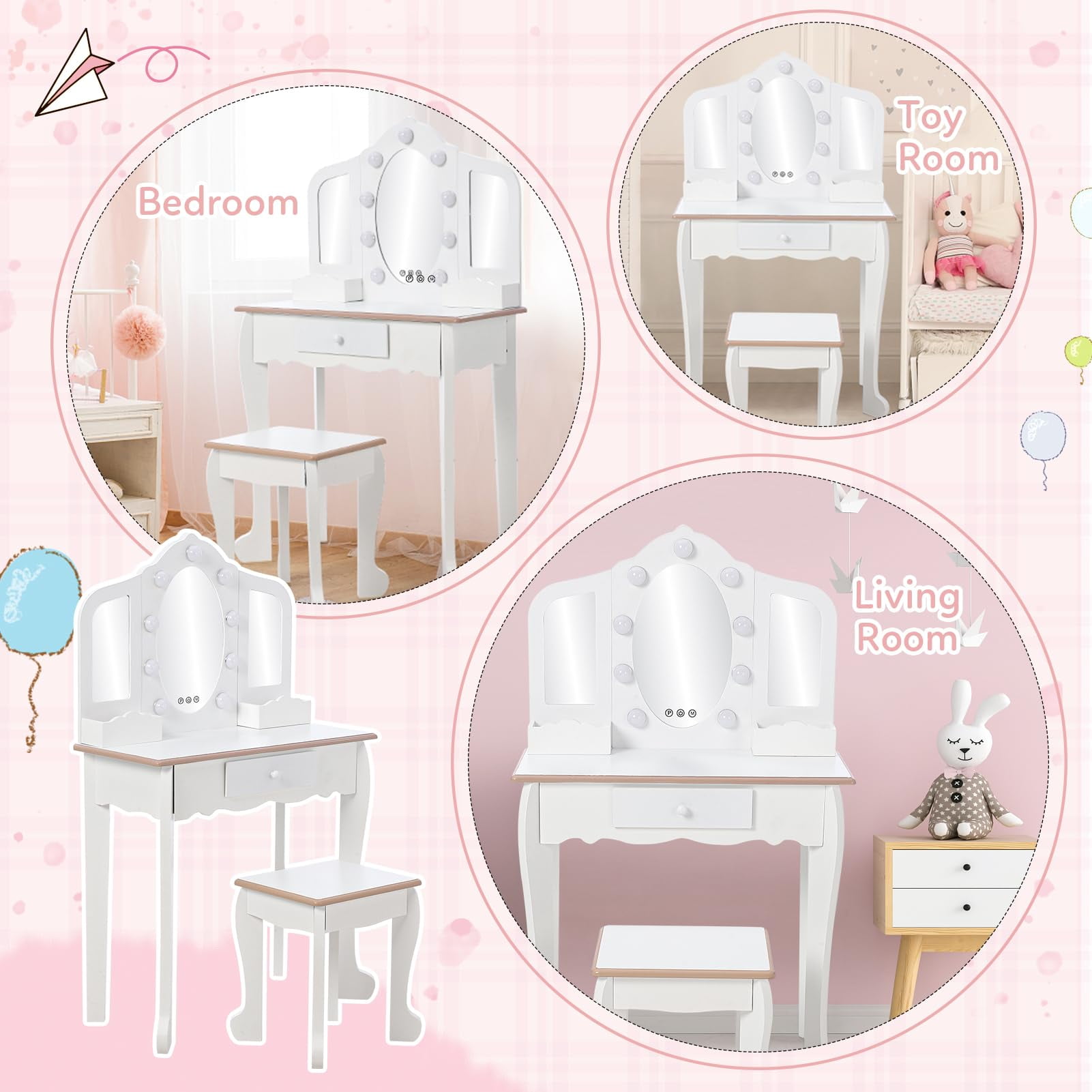 TROPOW Kids Vanity with 3 Mirrors and Stool, Girls Vanity with Wood Makeup Playset, Princess Vanity Table for Toddlers, White