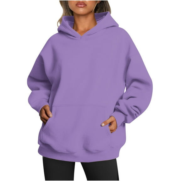 Oalirro Long Sleeve Tops for Women Solid Round Neck Tops for Woman Hooded Fall and Winter Purple Shirt