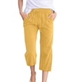 thumbnail image 2 of Lroveb Capri Pants for Wome Drawstring Summer Linen Pants High Waisted Wide Leg Cropped Pants Elastic Lounge Trousers With Pockets Yellow, 2 of 5
