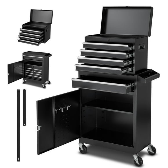 KFFKFF Rolling Tool Chest, 2-in-1 Design, 5 Drawers Tool Cabinet Organizer with Detachable Top Metal Toolbox, Lock Bar, Protective Liner, and Tools Rack