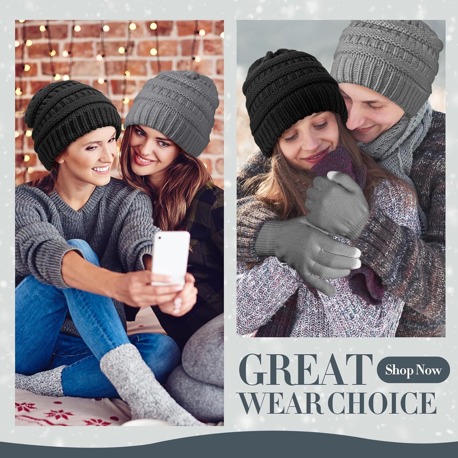 2 Sets Winter Hat and Gloves for Women, Satin Lined Hats for Women Touchscreen Gloves Slouchy Knit Beanies Set