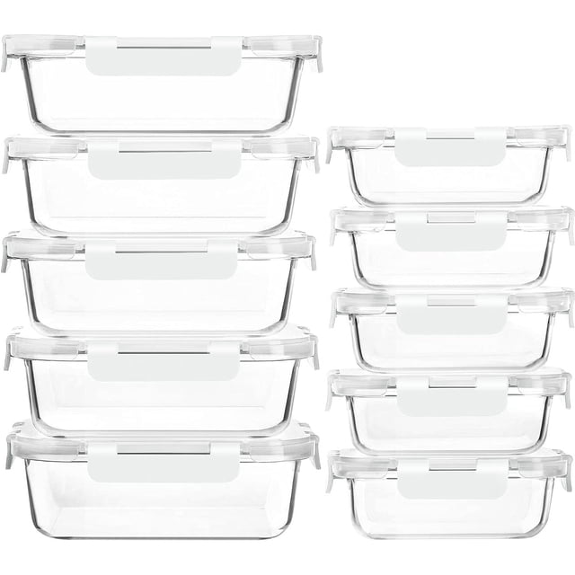 Paquete de 10 recipientes de vidrio para preparación de comidas con tapas, recipientes de vidrio para almacenamiento de alimentos con tapas de bloqueo a presión, recipientes herméticos para almuerzo