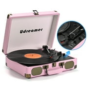 Udreamer Vinyl Record Player 3-Speed Turntable with Bluetooth, Suitcase Portable Vintage Audio Turntable, Pink