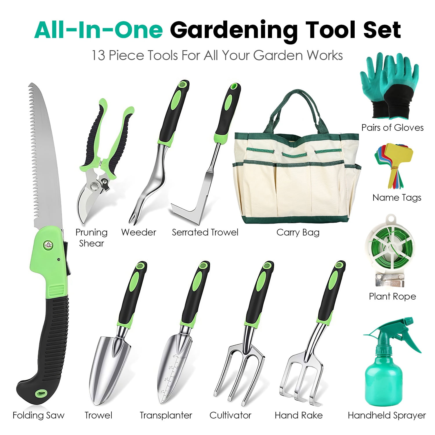 Gardening Tools with Non-Slip TPR Grip 13pcs Rust-Proof Heavy Duty Gardening Hand Tools Set with Oxford Garden Tools Organizer Handbag Ideal Gardening Gifts for Women Men