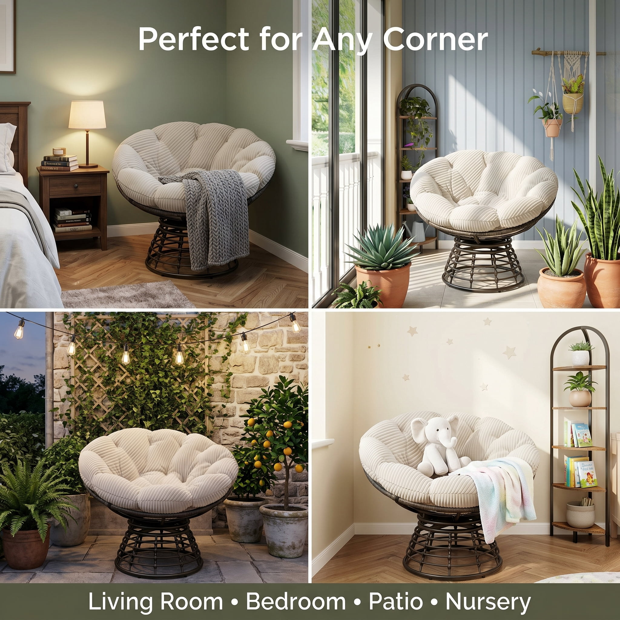 360° Swivel Wicker Papasan Chair with Ergonomic Over-Stuffed Cushion, Modern Rattan Saucer Chair for Living Room & Bedroom
