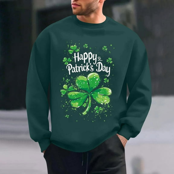 QUNYINEY St Patricks Day Mens Sweatshirt Long Sleeve Casual Crew Neck Green Tops Loose Drop Shoulder Pullover Sweatshirts