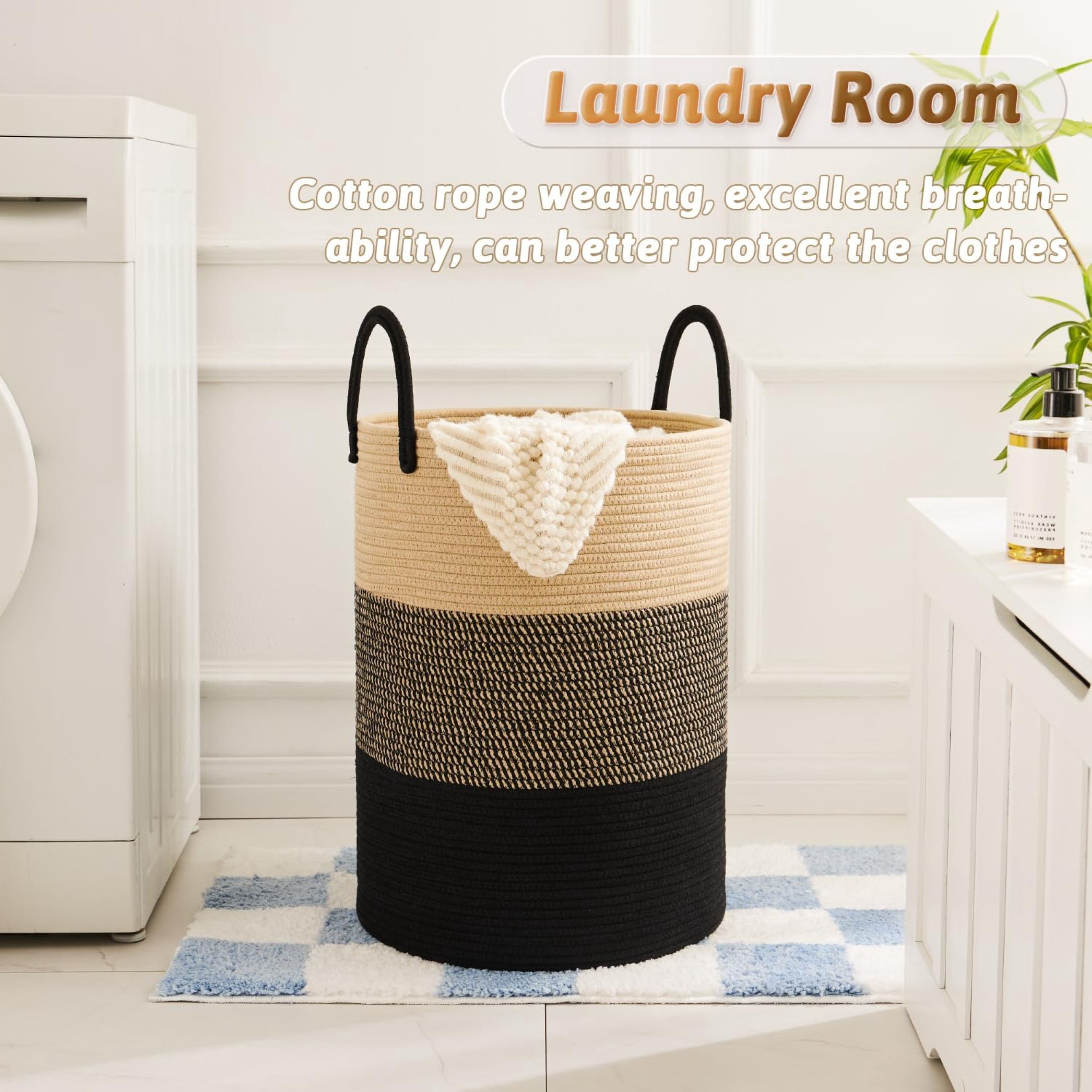 Laundry Basket, Woven Cotton Rope Laundry Hamper, Decor Storage of Dirty Clothes, Toys and Blankets in Bathroom, Baby Room and Living Room