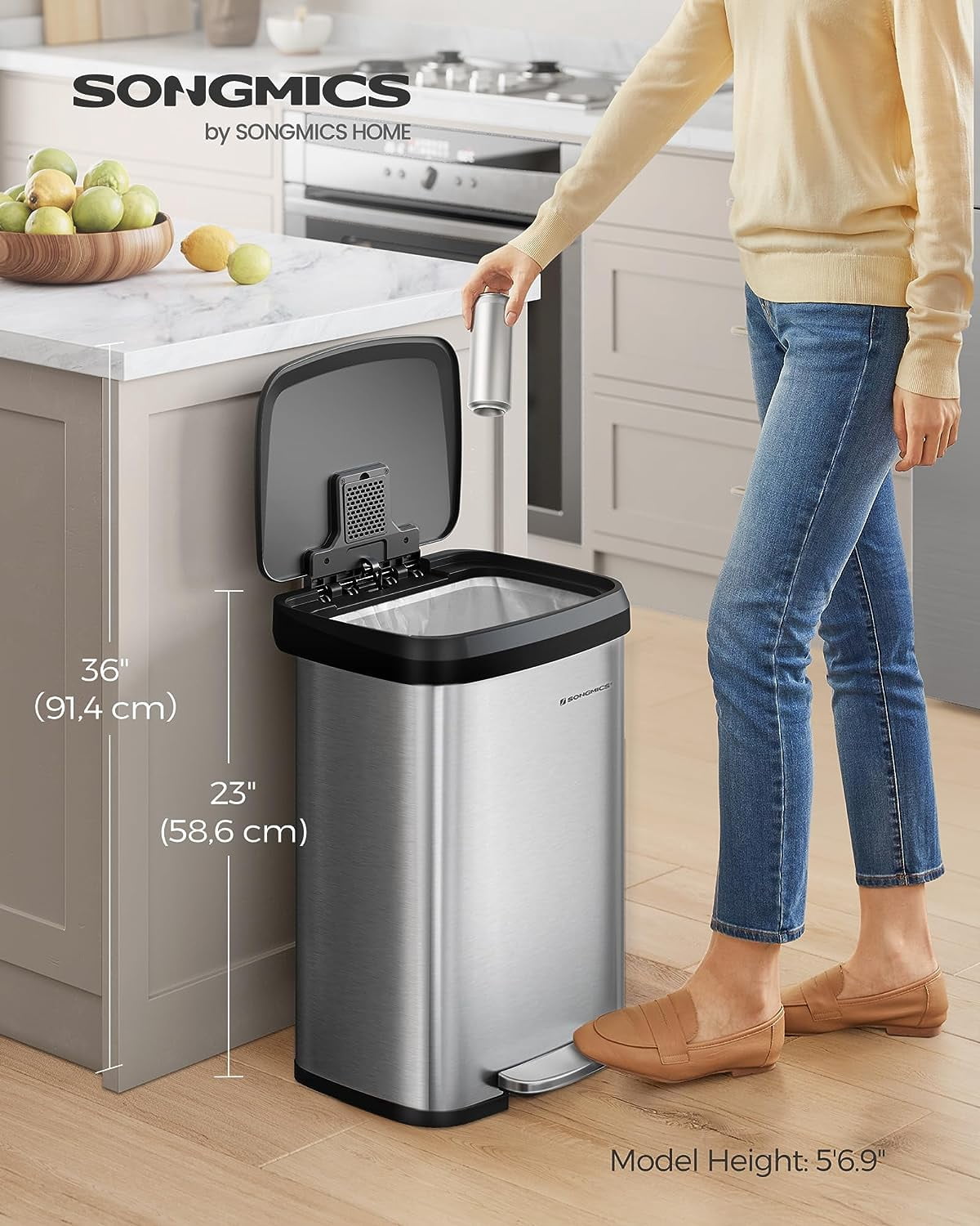 13 Gallon Kitchen Trash Can Stainless Steel Garbage Can Recycle Bin with Stay-Open Lid and Step-on Pedal Silver and Black