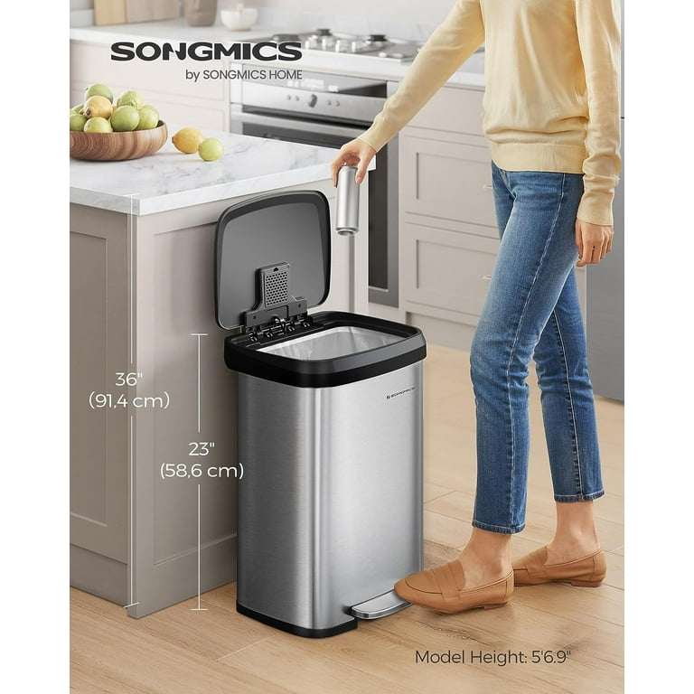 SONGMICS 13 Gallon Trash Can, Stainless Steel Kitchen Garbage Can,  Recycling or Waste Bin, Soft Close, Step-On Pedal, Removable Inner Bucket,  Black ULTB050B01