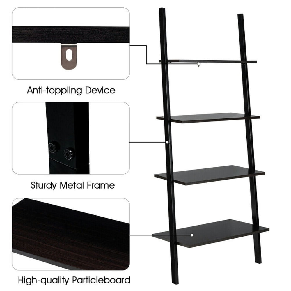 Demi Bonn 4-Tier Industrial Leaning Wall Bookshelf, Display Rack for Plants and Books, Black