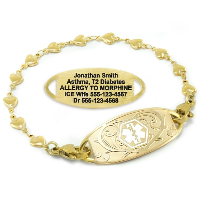 MedicEngraved Yellow Gold Stainless Steel Custom Medical Alert Bracelet - 5mm Heart Link