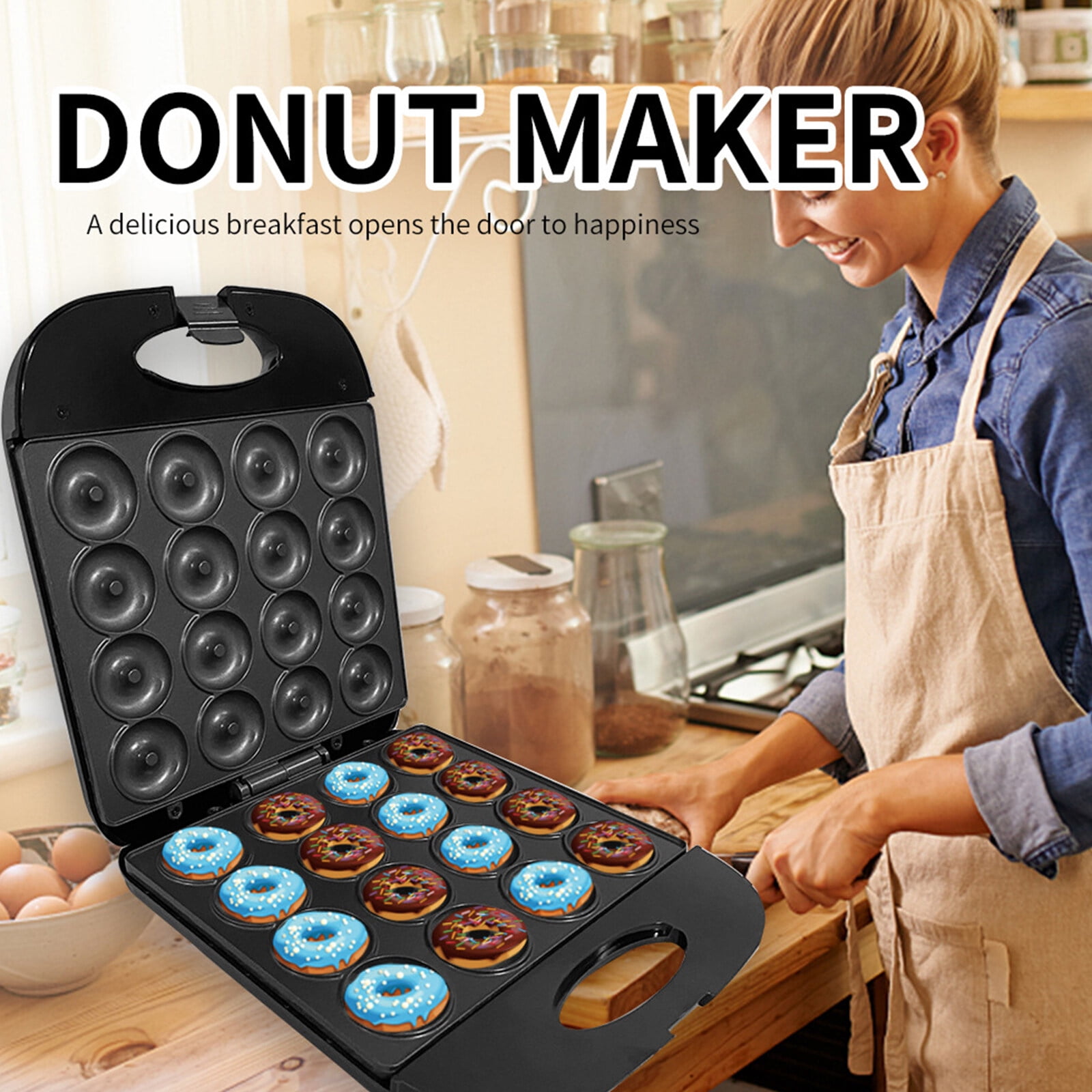 SAVALETOR Mini Donut Maker,Non Stick Donut Maker Machine,Mini Pancake Maker Machine Double Sided Heating ,16 Holes Mini Donuts For Home Baking Breakfast, Snacks, Desserts & More,Easy to Clean
