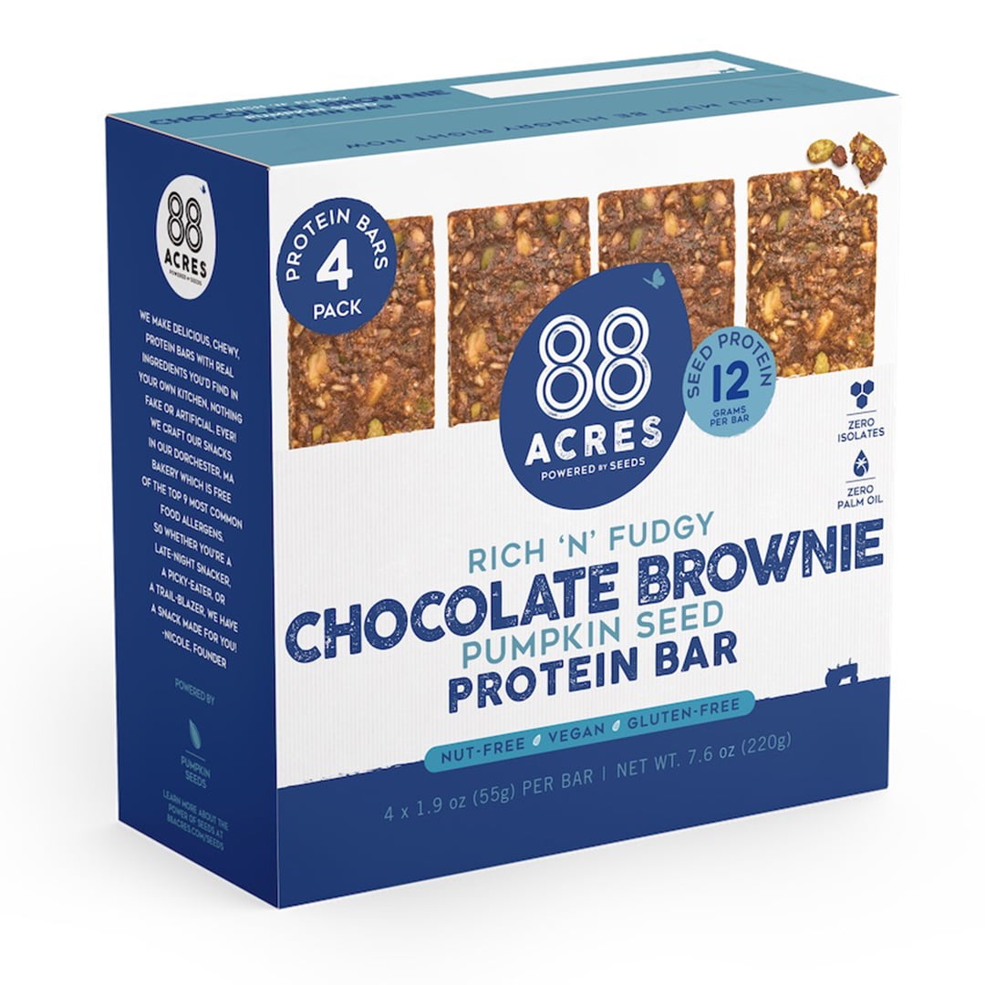 88 Acres Pumpkin Seed Protein Bar | 12g Plant Based Protein Per Bar, Gluten Free, Nut Free, Non GMO, School Safe, No Palm Oil | 1.9 oz (Dark Chocolate Brownie) | 4 Pack