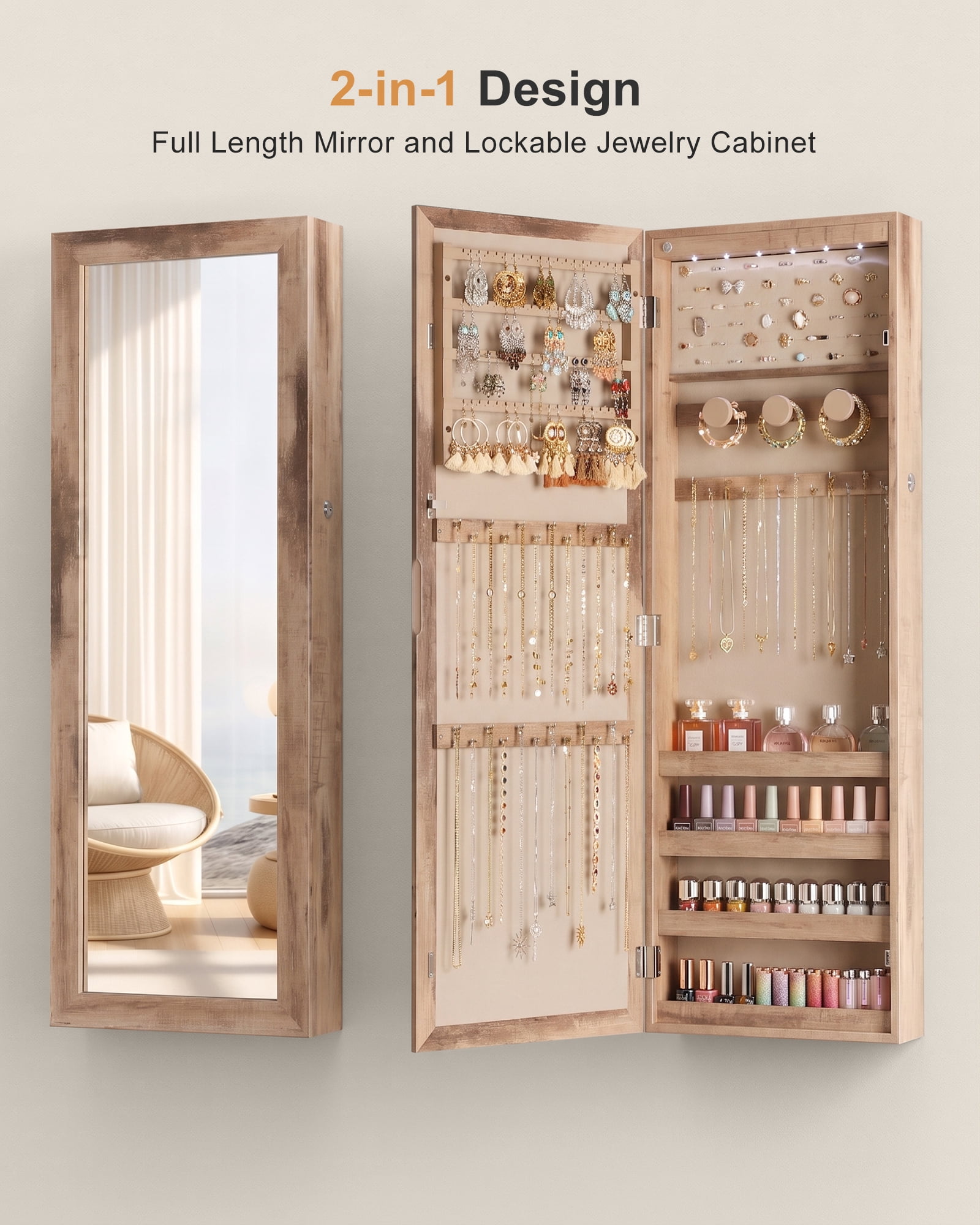 Skyhill Mirror Jewelry Cabinet,40in Jewelry Armoire Organizer,Door or Wall Mounted,6 LED Lights（Oak）
