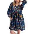 thumbnail image 2 of Women'S V-Neck Long Sleeve Printed Short Dress Loose Casual Bohemian Style Mini Beach Dress Blue L, 2 of 9