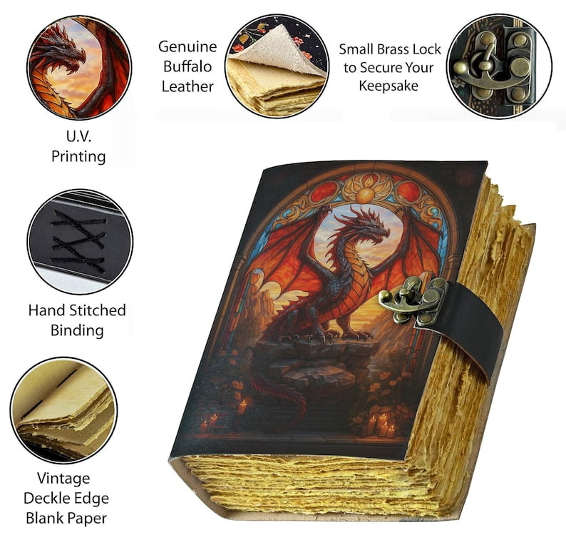 Handmade Leather Journal with Dragon Artwork – 5x7 Inch Notebook with 200 Deckle Pages – Vintage Leather Sketchbook for Writing, Drawing & Gifting