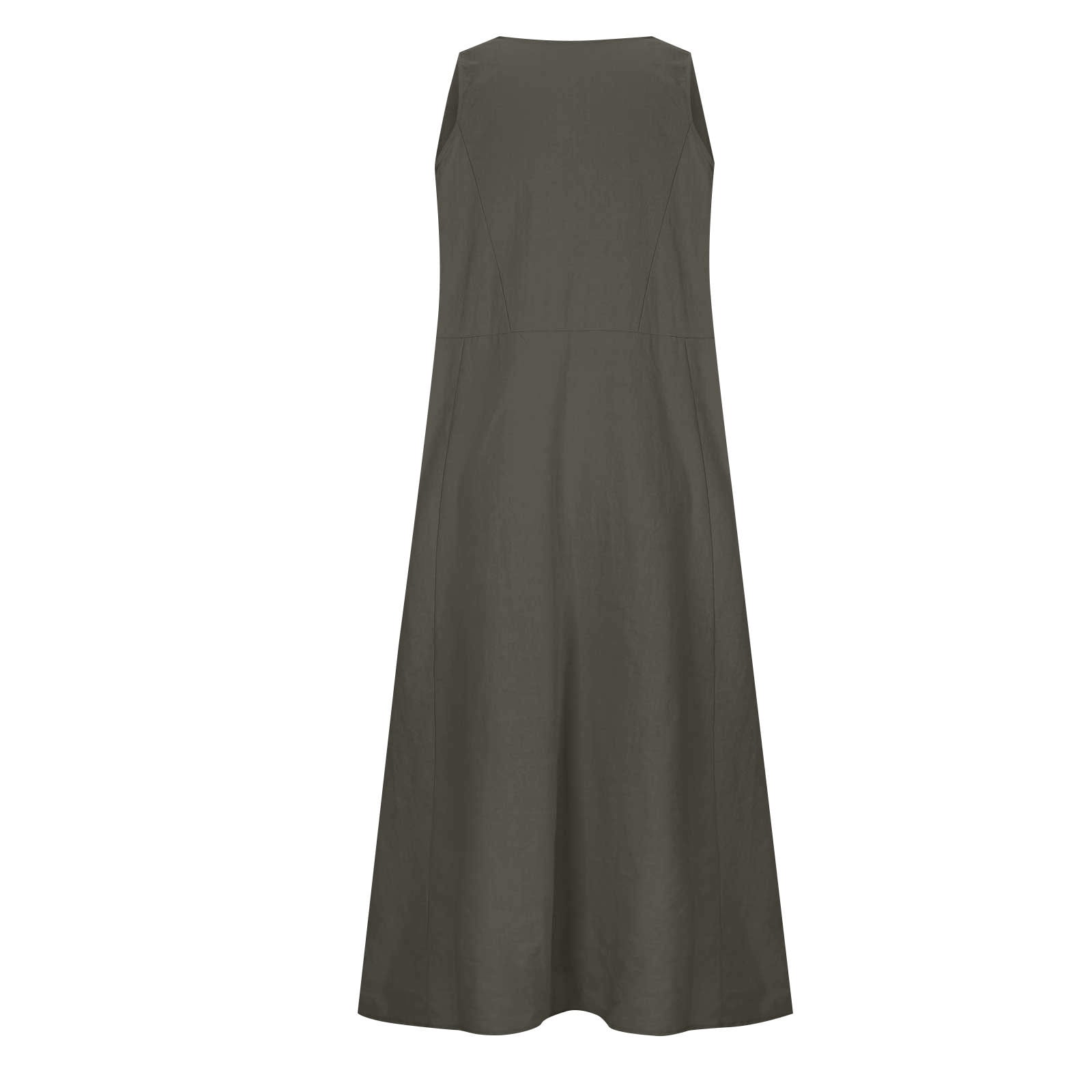 Dreluolixuan Womens Athletic Dress Linen Blend Crew Neck Sleeveless Shirred Tunic Flowy with Pocket Solid Soft Dress Elegant Holiday Loungwear