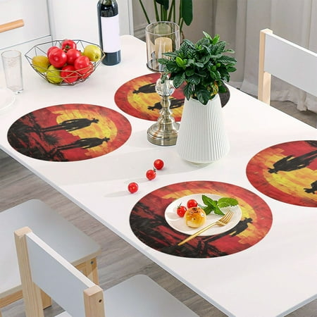 

Round Grid Placemat One Sizex4 Round Placemat PVC Plate Mat，15.4 Inch Non-Slip and Heat Resistant Table Placemat Dining Room Placemat Red Western Cowboy