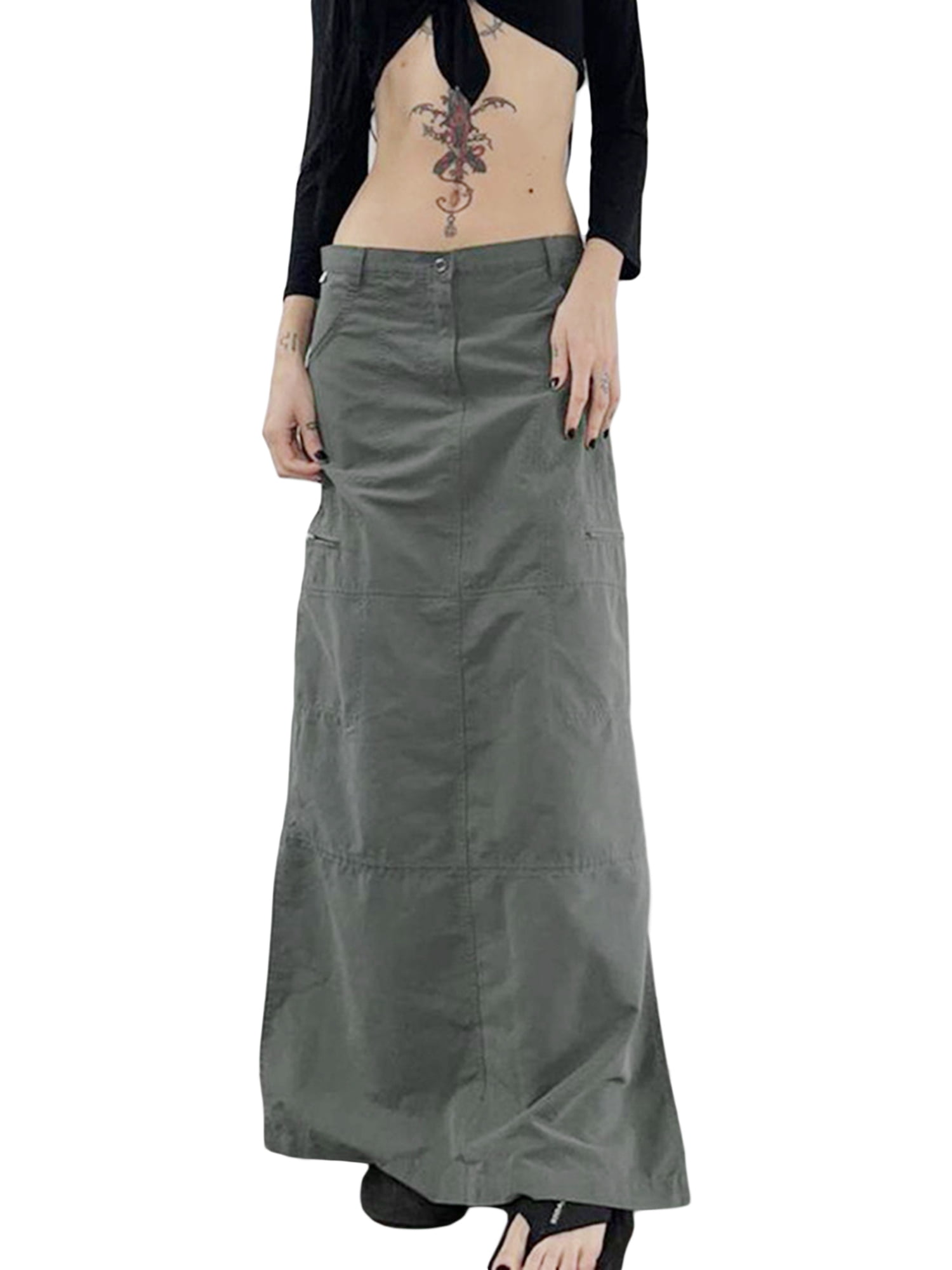 Genuiskids Long Cargo Skirts for Women with Pockets Low Rise Drawstring ...