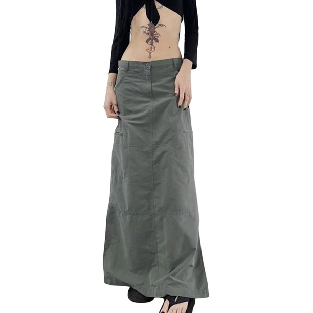 Women Long Skirts Cargo Y2k Low Waisted Drawstring Loose Baggy