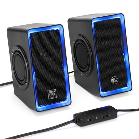 GOgroove Desktop Speakers for Laptop Computer (Black with LEDs) SonaVERSE O2i Gaming Computer Speakers USB Powered with AUX Input, Blue LED Lights, Dual 2.5