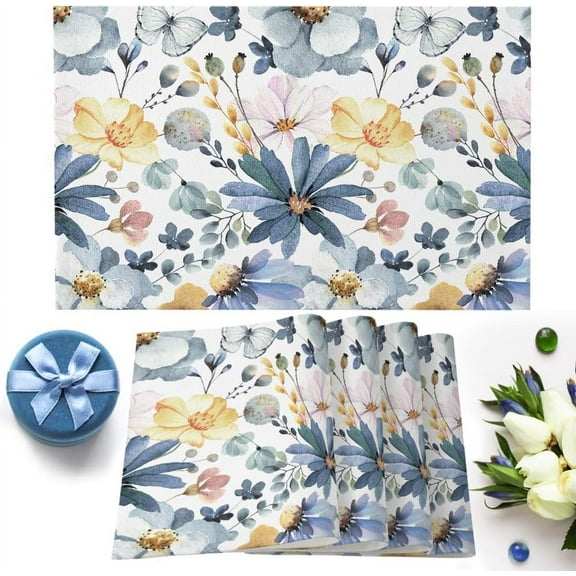 Spring Floral Placemats Set of 6 Washable Table Mats for Kitchen Dining Table, Heat-Resistant Cotton Linen Place Mats for Indoor Outdoor Parties Holiday Decoration, Blue Watercolor Art