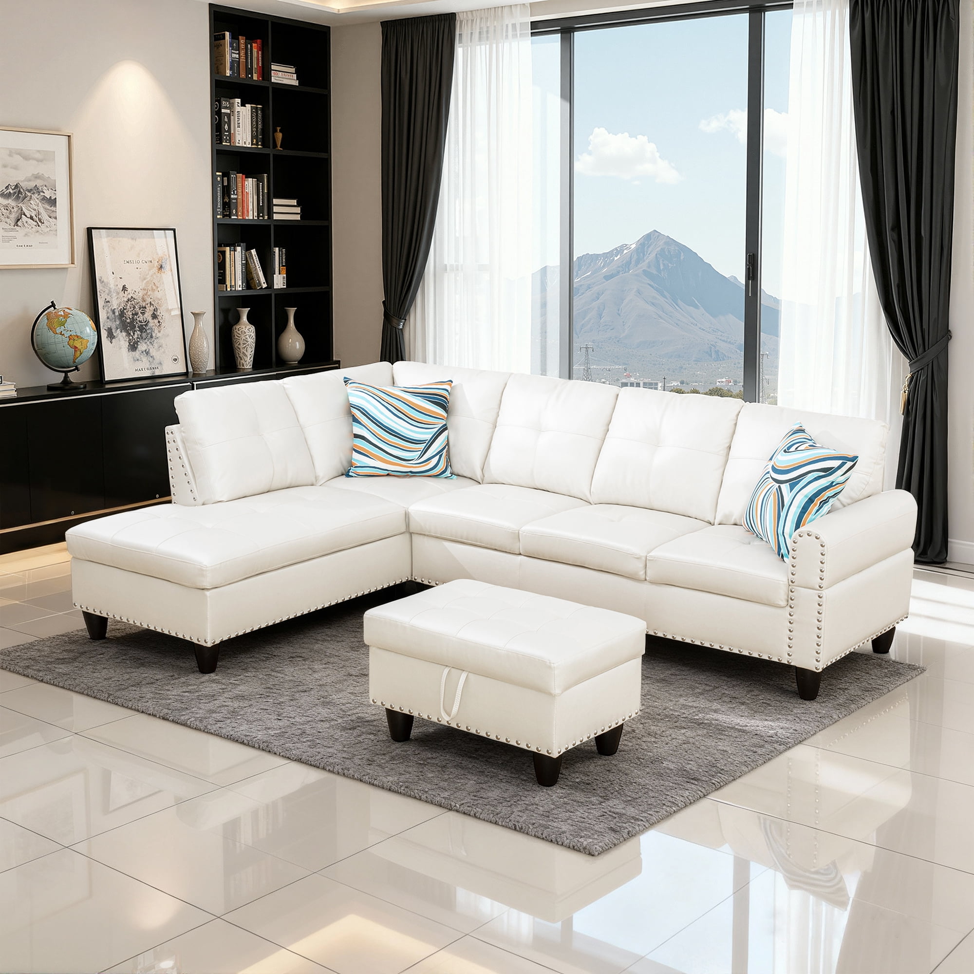 MAYEERTY 97.5" Faux Leather Sectional Sofa, 3-Piece Modular Couch Living Room Sofa Set with Ottoman, White (Left)
