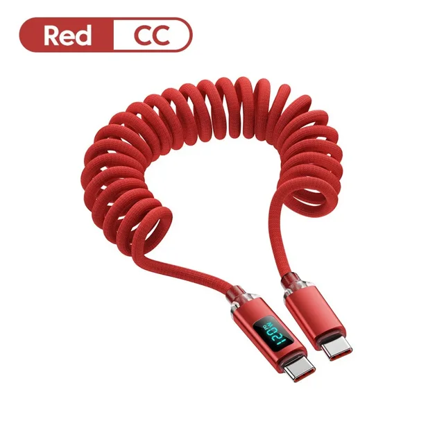 120W Digital Display Car Spring PD Cable Retractable USB C to Type C Super Fast Charging Cable For iPhone Samsung Huawei Xiaomi