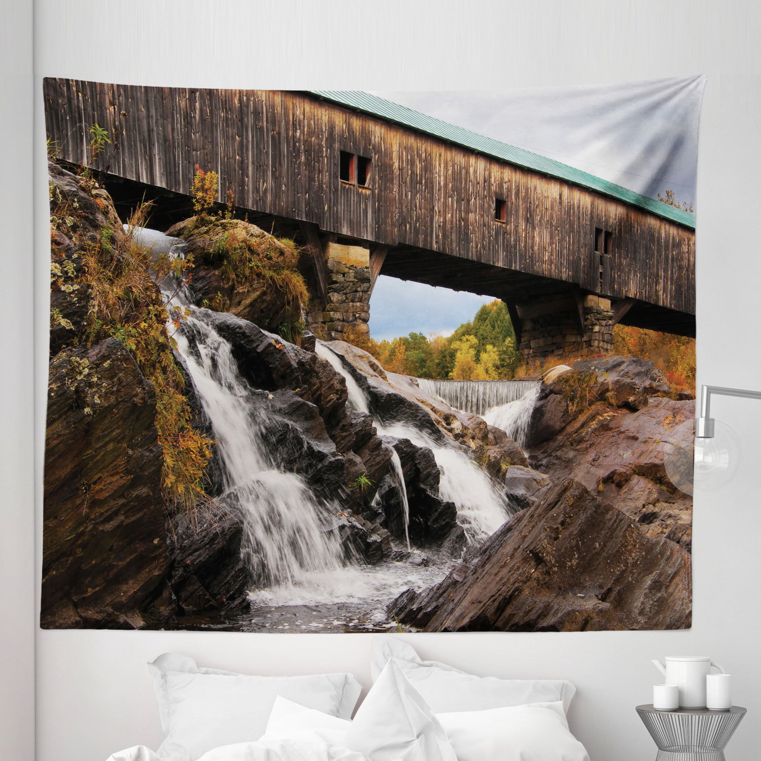 Modern luggage tag Apartment Decor Old Rustic Oak Covered Bridge Over Cascading Waterfalls Rock Fall Season American Cityscape Suitable for children and adults Brown W2.7 x L4.6