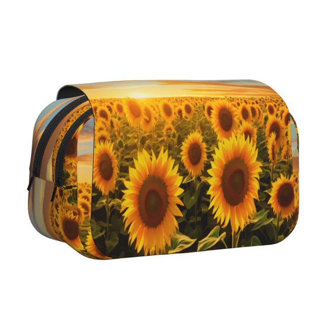 Disketp Beautiful Golden Sunflower Field Estuche de Lápices de Doble Capa con Tapa Abatible y Cremallera, Organizador Escolar para Adolescentes y Adultos