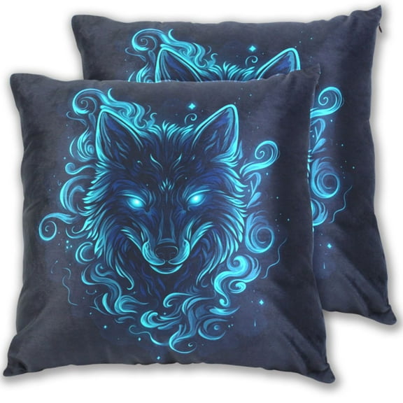 Blue Neon Wolf Face Throw Pillow Covers Pillowcases 16 x 16 Inch Home Decor 2 Packs for Bedroom Sofa