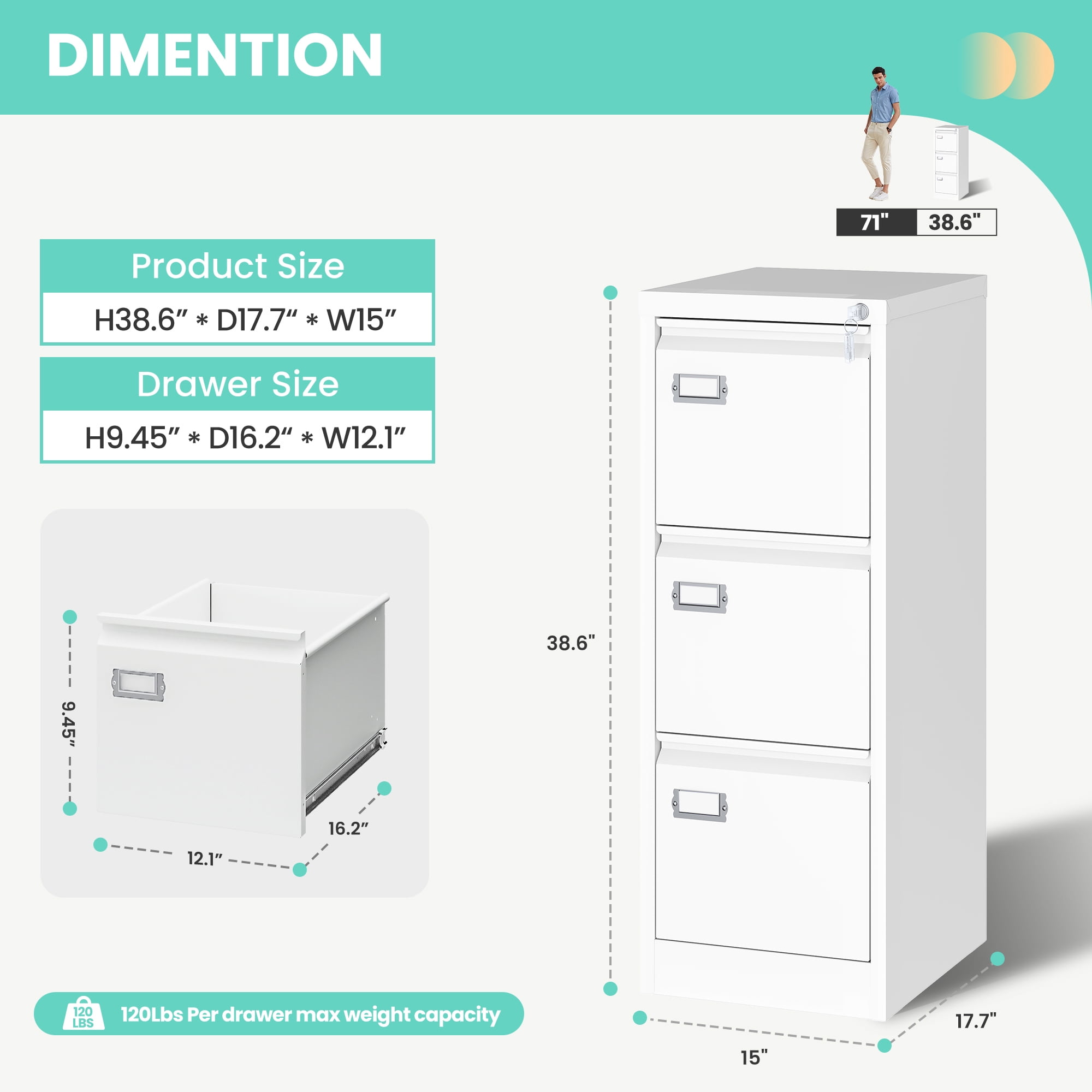 STANI 3 Drawer White File Cabinet with Lock, Filing Cabinets for Home Office, Metal Locking Office File Storage Cabinets with Drawers, Vertical Small Filing Cabinet Organizer for Legal/A4