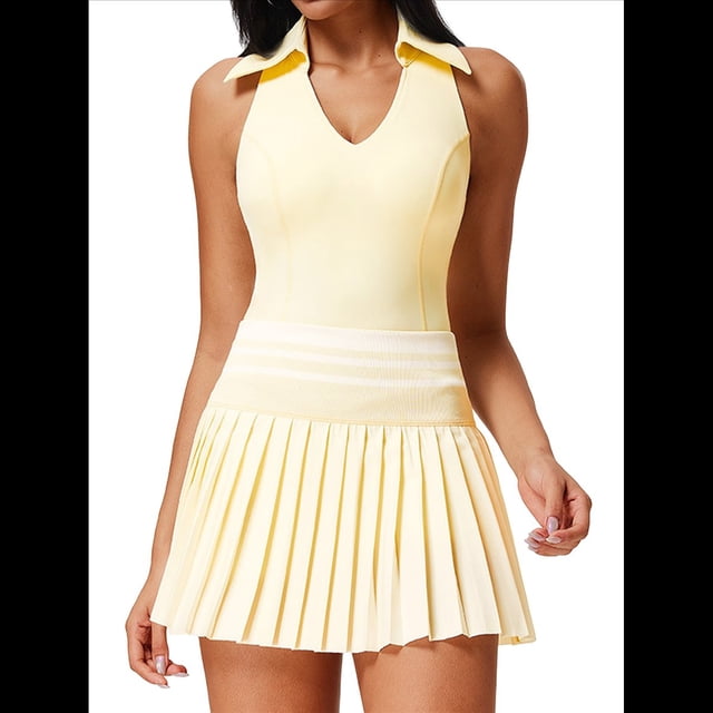 Falda de Tenis para Mujer, Falda de Golf Acanalada, Falda Deportiva Plisada con Media Cremallera, Pantalones Cortos y Sujetador Incorporados Amarillo XL