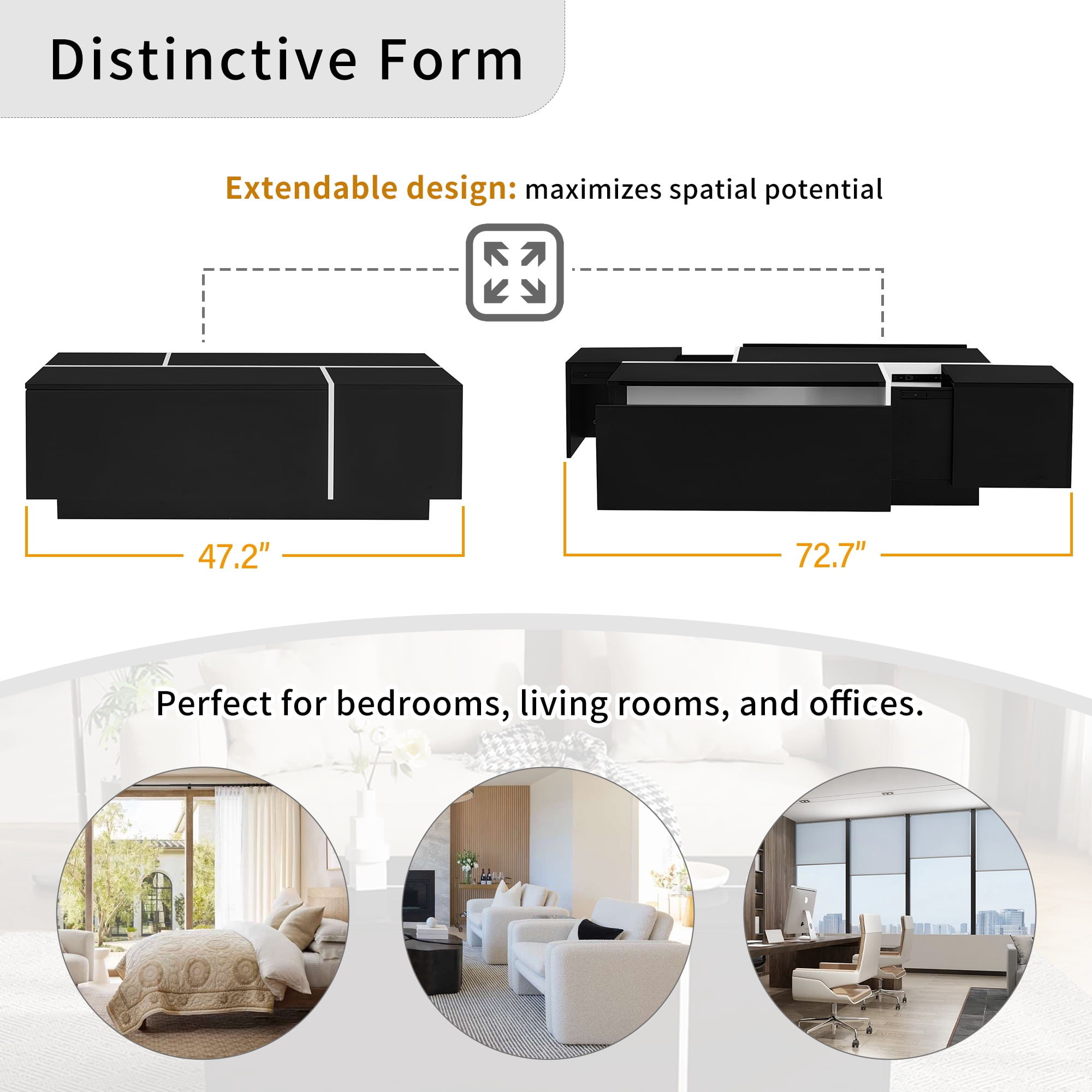 Extendable Coffee Table with 2 Hidden Storage Space and 2 Drawers,Modern Multi-Functional Coffee Table with High-Gloss Finish for Living Room,Black
