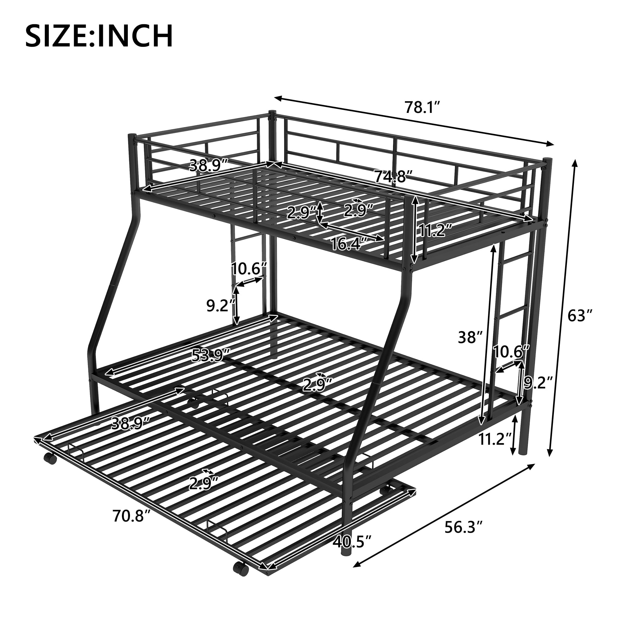 Leumius Twin Over Full Bunk Beds with Twin Trundle,Heavy Duty Metal Bed Frame with Sturdy Steel Frame,Triple Bunk Bed with Two-Side Ladders & Safety Guard Rails for Boys Girls Adults,Black