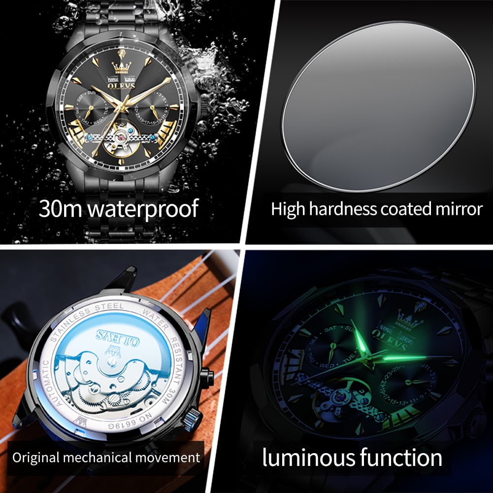 OLEVS Automatic Watches for Men Luxury Dress Waterproof Self Winding Mechanical Chronograph Diamond Stainless Steel Luminous Date Skeleton Tourbillon Mens Watches Gift Reloj Para Hombre Black Dial