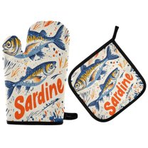 Yayeee Oven Mitts and Pot Holder Set of 4 Heat Resistant Kitchen Gloves Baking Hot Pad, Blue Sardines Pattern