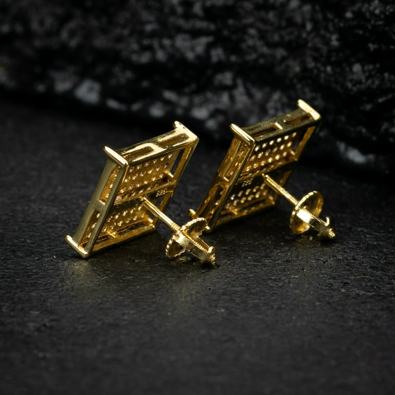 Men's Large Two Tone Yellow Gold Plated 925 Sterling Silver Square