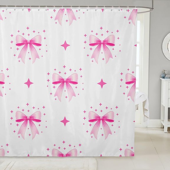 Pink Bow Shower Curtain with Glitter Stars Waterproof Fabric Bathroom Decor 71x71 inches