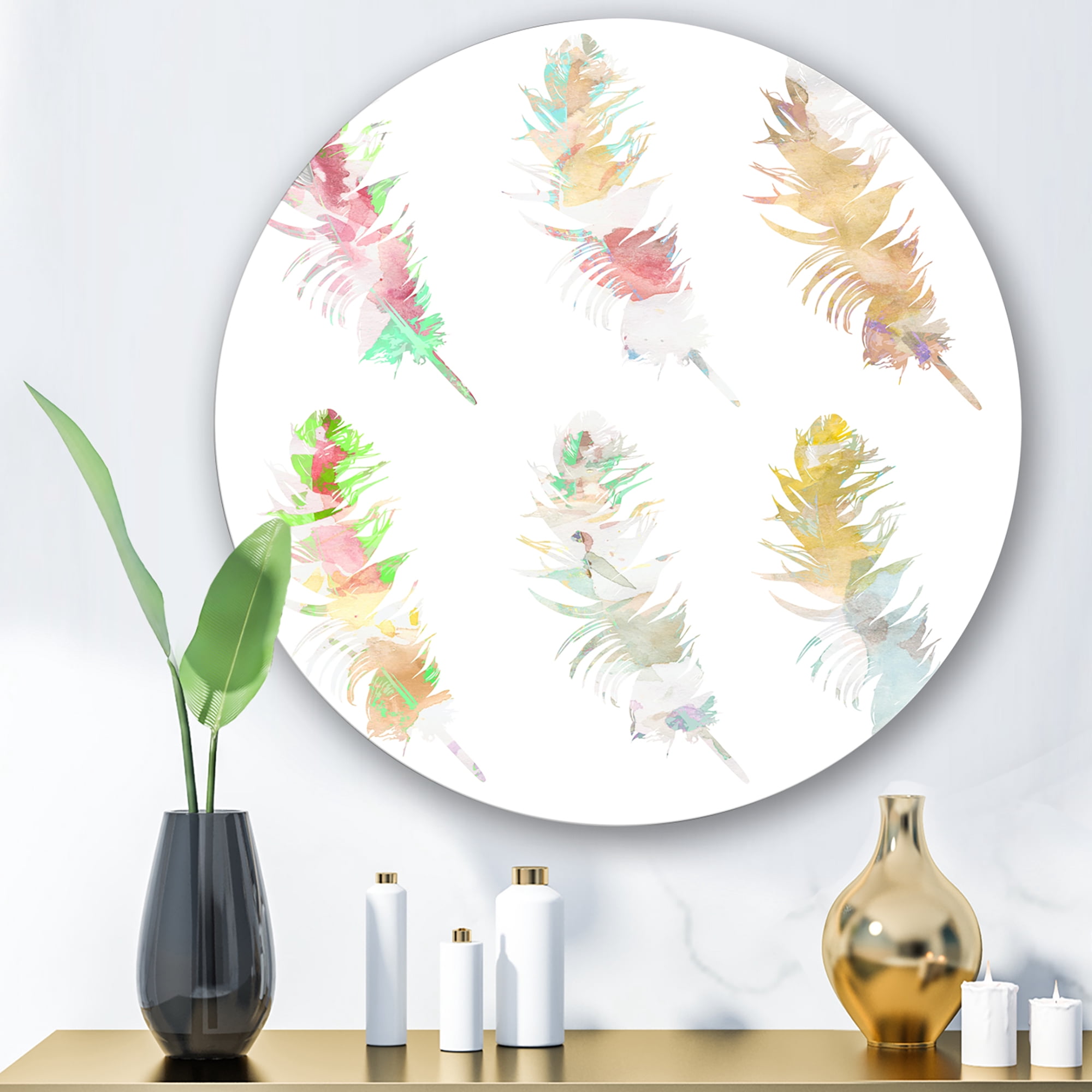 Designart 'Vibrant Boho Art Feather In Rustic Bright Colors' Bohemian & Eclectic Circle Metal Wall Art 11x11 - Disc of 11