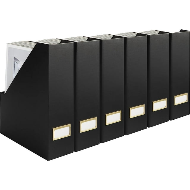 Keep your Space Organized - Set of 6 Black Foldable Magazine File Boxes with Gold Label Holders - Perfect Magazine Holder, Vertical File Folder Organizer, and Book and Binder Storage by Blu Monaco