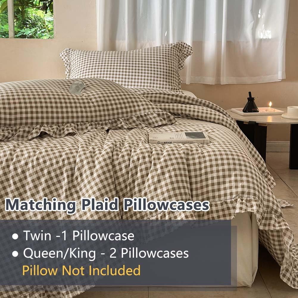 Tan Gingham Ruffle Queen Comforter Set, Taupe Ruffled Plaid Bedding Set, Ruffled Checked Bed Comforter 3 Pieces(Tan Gingham, Queen)