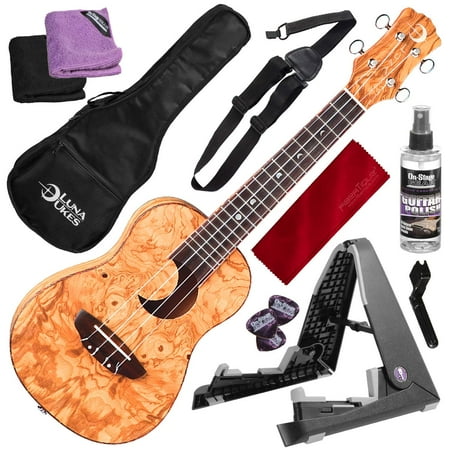 Luna Ukulele Crescent Olive Ash Burl Concert with Instrument Stand and Deluxe Bundle