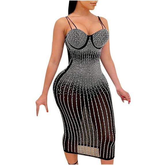IROINNID Sheath Dress For Women Mesh, Hot Drill, Diamond Inlaid Suspender, Long V-neck Dress, Suspender, V-neck Dress Full-Length Solid Color Dress