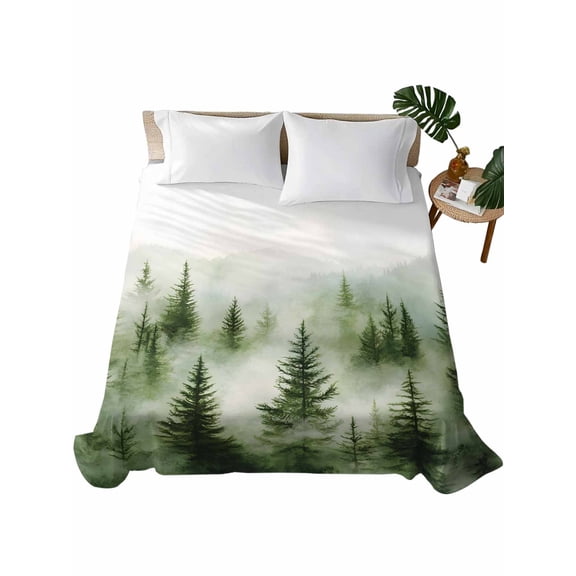 Green Mist Forest Flat Sheets Only California King Size, Soft Breathable Bed Top Sheets for Mattress, Foggy Mountain Tree Nature Landscape Bedding Flat Sheets for Home Hotel Bedroom Bed Protection