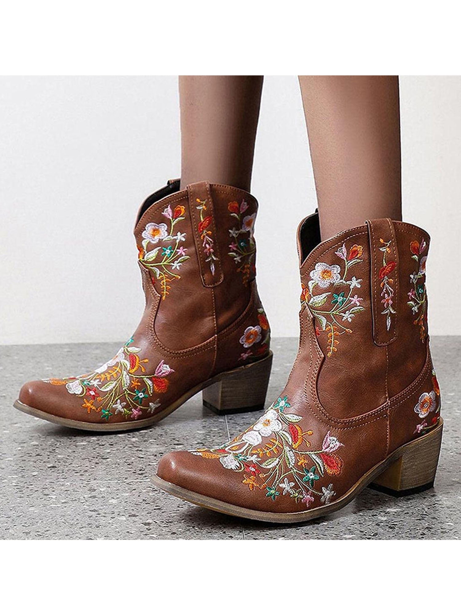 Women Wide Calf Embroidered Western Country Cowgirl Cowboy Boots Black Brown Tan