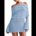 thumbnail image 2 of Vestido Elegante Tipo Suéter de con Hombros Descubiertos para Mujer, Ajustado, de Larga y Crochet Azul M, 2 of 7