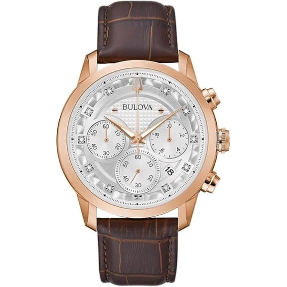 New Bulova Mens Sutton Quartz Watch 44mm Rose Gold-Tone Stainless Steel Brown Leather Strap with Silver-White Dial 97D133