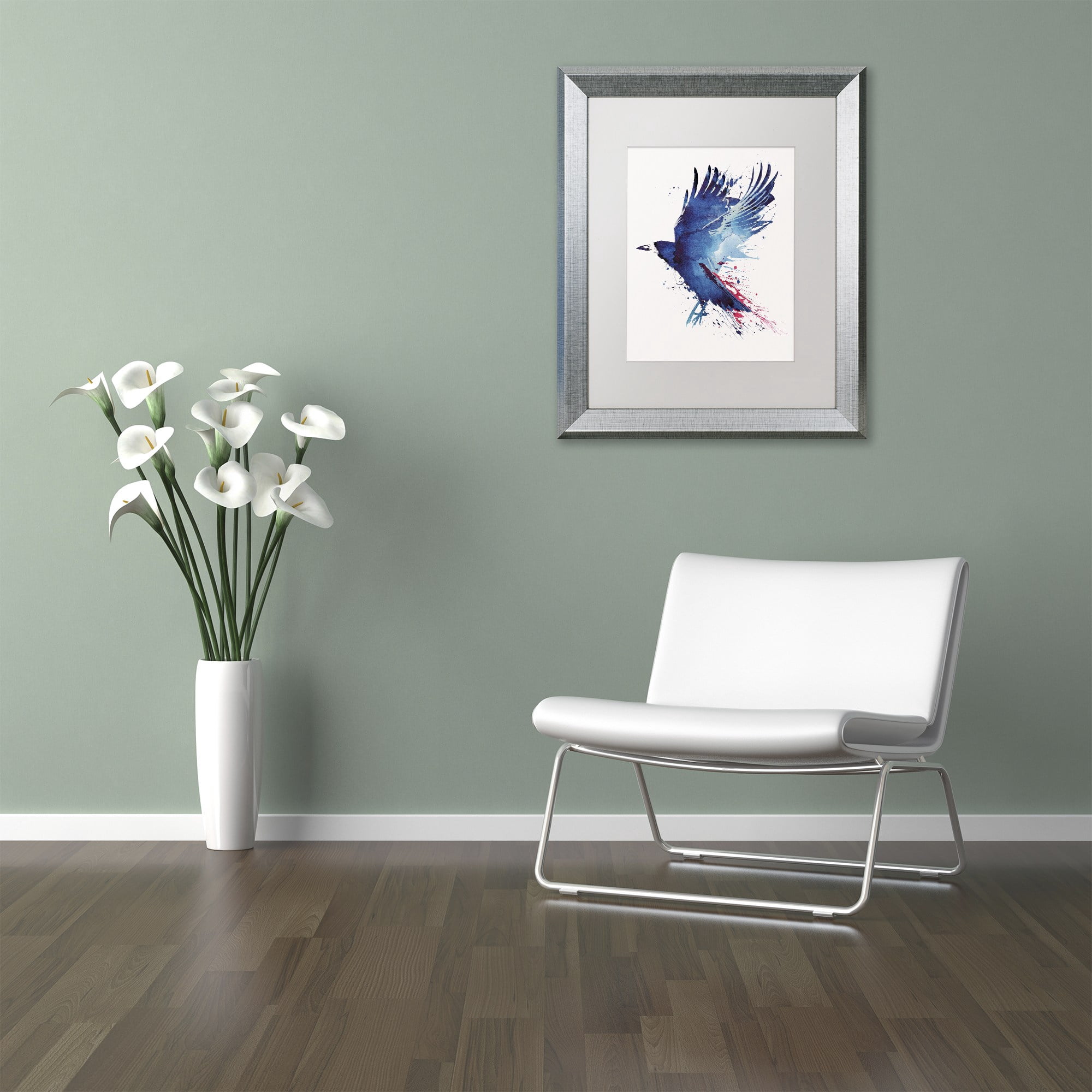 Trademark Fine Art 'Bloody Crow' Canvas Art by Robert Farkas, White Matte, Silver Frame
